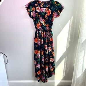 Floral Low-High Dress, Summer Dress Three Quarter length,Black Dress With Flower